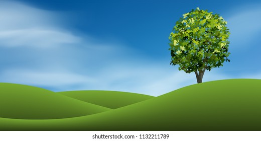 Tree on green grass hill with blue sky. Abstract background park and outdoor for landscape idea. Use for natural article both on print and website. Vector illustration.