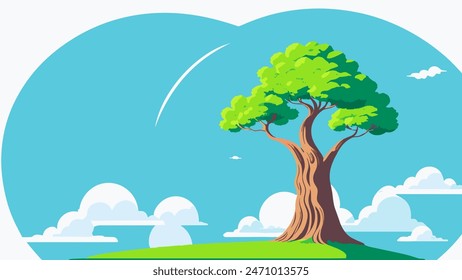 Tree on a green island with clouds in the background and a blue sky, vector art, colorful flat surreal design, environmental art