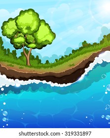 Tree on a green meadow. Foaming river waves with air bubbles in the foreground
