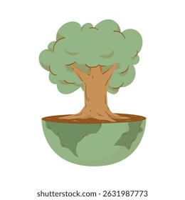 Tree on Half Earth Eco-Friendly Nature Concept Illustration