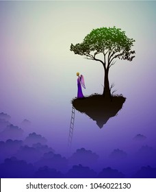 tree on heavens,  fairy angel on the edge on the rock looking down, life in dreamland, vector,