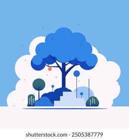 A tree on a hill, with a cloud in the background, around a plant