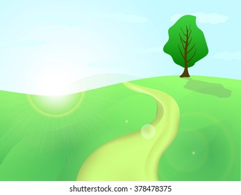 Tree on a hill with a road leading to it and the setting sun, vector illustration