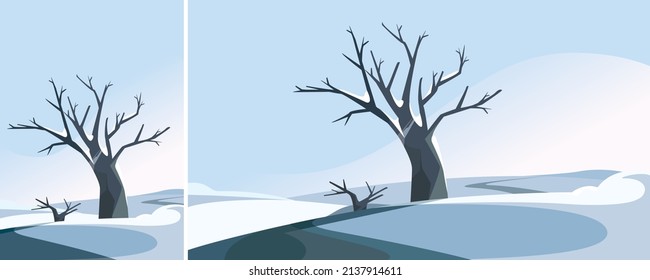 Tree on the hill in winter season. Natural scenery in different formats.