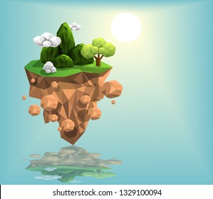 Tree on island landscape with green mountain and clouds above green land,with sunrise blue sky background,low polygon modelling design shape,geometric and triangle,ecology,vector art illustration.