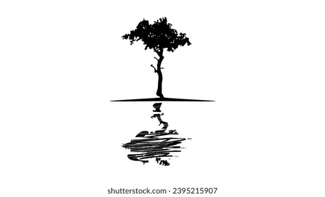 tree on an island in the water shadow, black isolated silhouette