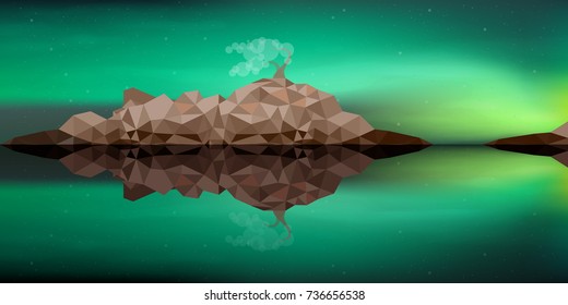 tree on lake rocks under the night sky vector background