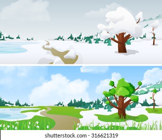 Tree on Landscape in Seasons: winter, spring
Floral background changing seasons set 02