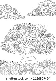 Tree on lovely hills and clouds in the sky for coloring book page. Vector illustration