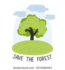 Árvore no Prado com Nuvens e Salvar a Mensagem da Floresta, Conservação Ambiental e Conceito de Espaços Verdes