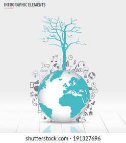Tree on modern world globe with application icon, modern template design. Vector illustration.