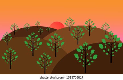 Tree on nature mountain sunset Vector flat design