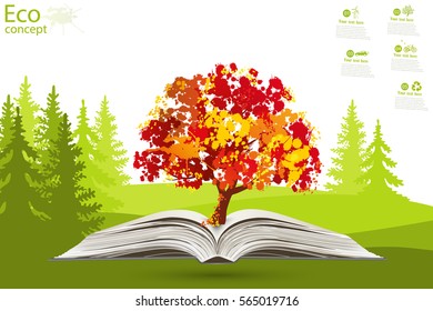 Tree on open book on green grass. Eco friendly. The ecology concept on wood background. Template coniferous forest silhouette. landscape. Vector illustration.