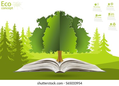 Tree on open book on green grass. Eco friendly. The ecology concept on wood background. Template coniferous forest silhouette. landscape. Vector illustration.