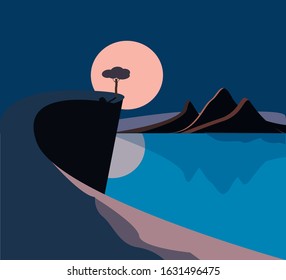 
tree on a rock in the moonlight vector clipart