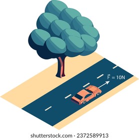 Un árbol en el lado de la carretera de asfalto. Un coche en la carretera. Una flecha en la parte delantera del auto que indica la dirección del viaje y la velocidad de 10 newtons.