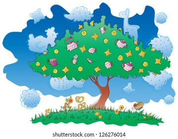 The tree on which grow biscuits, slices of lemon and utensils for tea. In the grass grow cookies, pretzels, and a piece of cake. Floating clouds in the sky in the shape of of cookies.