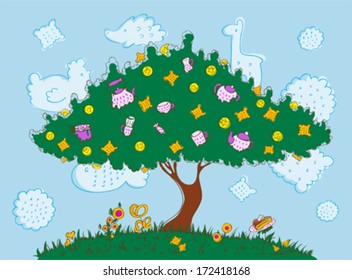 The tree on which grow biscuits, slices of lemon and utensils for tea. In the grass grow cookies, pretzels, and a piece of cake. Floating clouds in the sky in the shape of of cookies.