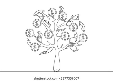 Der Baum, auf dem Geld wächst. Geldbaum. Eine Zeilenzeichnung für verschiedene Verwendungszwecke. Vektorgrafik.