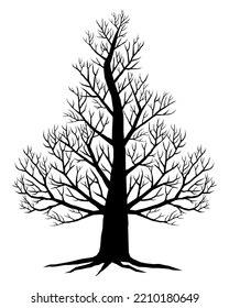 Black silhouette of spooky tree with leafless branches on white background, halloween vector illustration element.