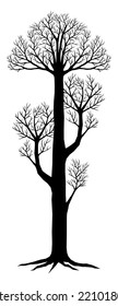 Silueta negra de árbol espeluznante con ramas sin hojas sobre fondo blanco, elemento de ilustración vectorial de halloween.