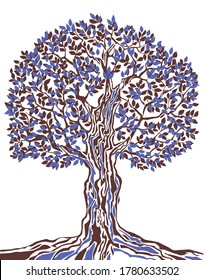 Tree on a white background.  Tree with roots.