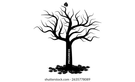 tree with one leaf, symbol of staff reduction in business, black isolated silhouette