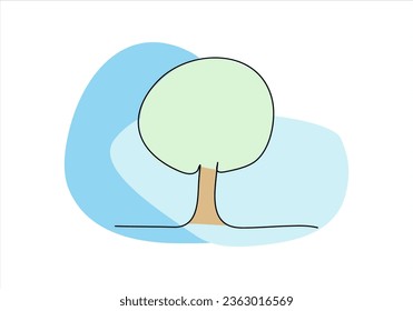 Tree one line drawing colored with pastel colors. Vector illustration.