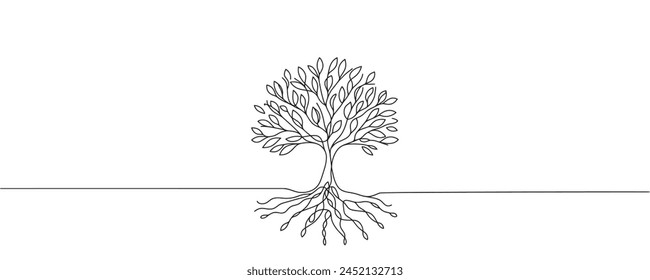 tree in one line. Graphic vector illustration of a continuous line drawing of a tree with roots