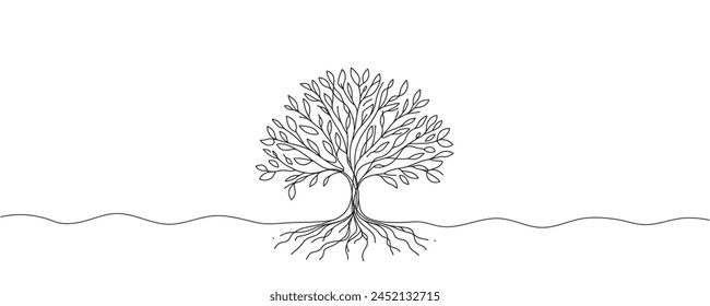 tree in one line. Graphic vector illustration of a continuous line drawing of a tree with roots