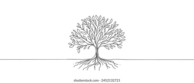 tree in one line. Graphic vector illustration of a continuous line drawing of a tree with roots