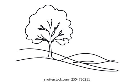 tree in one line. Graphic vector illustration of a continuous line drawing of a tree with roots.