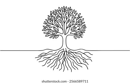 tree in one line. Graphic vector illustration of a continuous line drawing of a tree with roots.