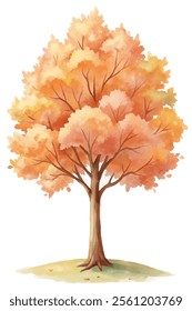 A tree with orange leaves is the main focus of the image. The tree is depicted in a watercolor style, with a white background. The orange leaves give the tree a warm and inviting appearance