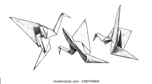 Tree origami cranes isolated from the background. East art of origami. Paper birds. Hand drawn, ink, graphics, vintage illustration.  