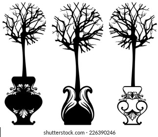 tree in ornate pot decorative vector set - black and white detailed design elements