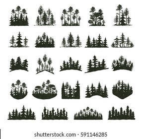 Tree outdoor forest black silhouette coniferous natural badges, treetops pine spruce branch cedar and plant leaf abstract stem drawing vector illustration.