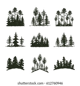 Tree outdoor travel black silhouette coniferous natural badge, treetop pine spruce branch cedar and plant leaf abstract stem drawing vector illustration.