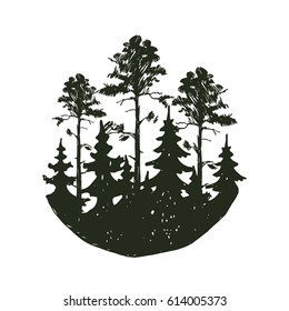 Tree outdoor travel black silhouette coniferous natural badge, tops pine spruce branch cedar and plant leaf abstract stem drawing vector illustration.