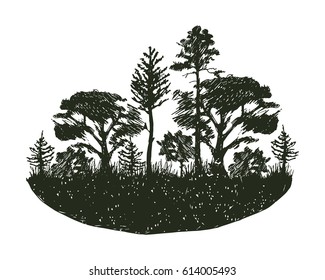 Tree outdoor travel black silhouette coniferous natural badge, tops pine spruce branch cedar and plant leaf abstract stem drawing vector illustration.