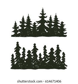 Tree outdoor travel black silhouette coniferous natural badge, tops pine spruce branch cedar and plant leaf abstract stem drawing vector illustration.