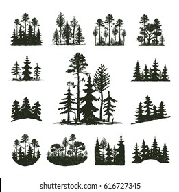 Tree outdoor travel black silhouette coniferous natural badge, treetops pine spruce branch cedar and plant leaf abstract stem drawing vector illustration.