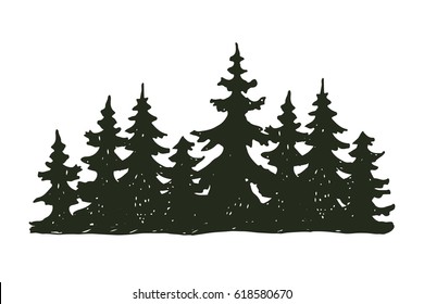 Tree Outdoor Travel Black Silhouette Coniferous Natural Badge, Tops Pine Spruce Branch Cedar And Plant Leaf Abstract Stem Drawing Vector Illustration.