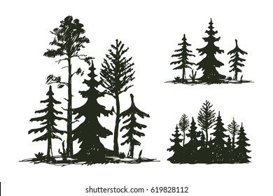 Tree outdoor travel black silhouette coniferous natural badge, tops pine spruce branch cedar and plant leaf abstract stem drawing vector illustration.