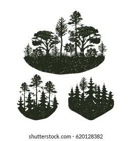 Tree outdoor travel black silhouette coniferous natural badge, tops pine spruce branch cedar and plant leaf abstract stem drawing vector illustration.