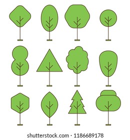 Tree outline forest thin line vector icons set. Collection of green plant in linear style illustration. Fir garden natural wood silhouette. Flat contour nature collection.