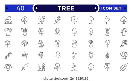 Tree Outline icon collection. Includes thin line symbols nature, basil, tree, ecology, plant, eco and more. Isolated icons. Leaf icon set.
