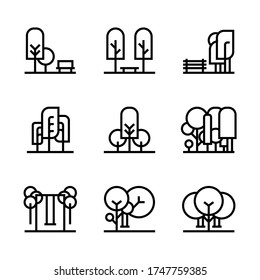 tree outline icon set, nature environment symbol, bench and swing in the garden, editable stroke