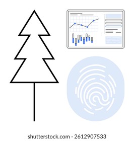 Tree outline next to a screen displaying digital analytics and a fingerprint icon. Ideal for security themes, technology, nature conservation, digital identification, data analysis, eco-friendly