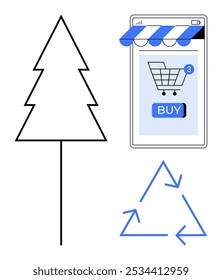 Tree outline, an online shopping interface with shopping cart and buy button, and a recycling symbol. Ideal for eCommerce, sustainability, digital shopping, environmental awareness, eco-friendly